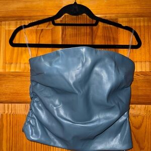 Blue Strapless Faux-Leather Crop Top